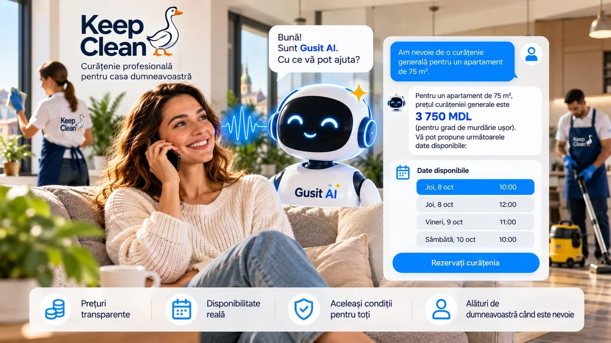 Clientă care vorbește la telefon cu asistentul Gusit AI, alături de un chat cu prețul curățeniei generale și datele disponibile