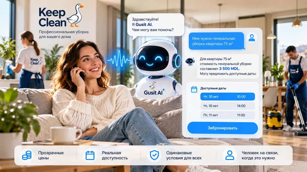 Клиентка говорит по телефону с помощником Gusit AI, рядом чат с ценой генеральной уборки и свободными датами