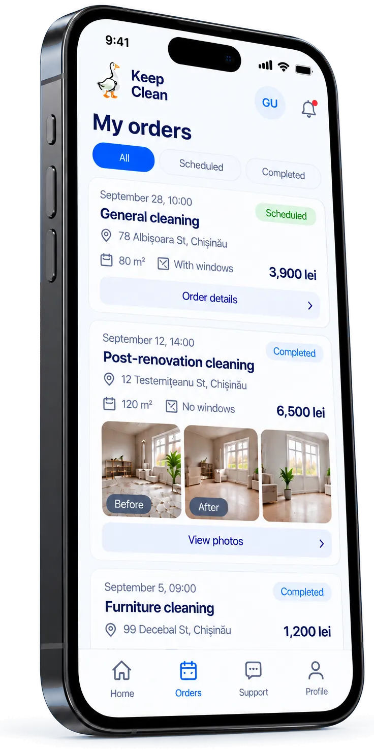 Keep Clean client account on a smartphone: a list of orders with dates, statuses and prices