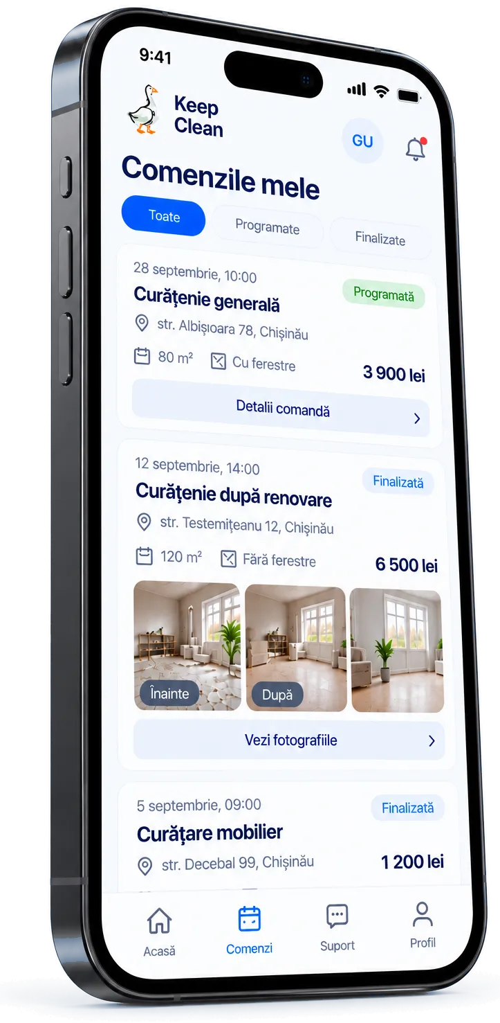 Contul personal Keep Clean pe smartphone: lista comenzilor cu date, statusuri și prețuri