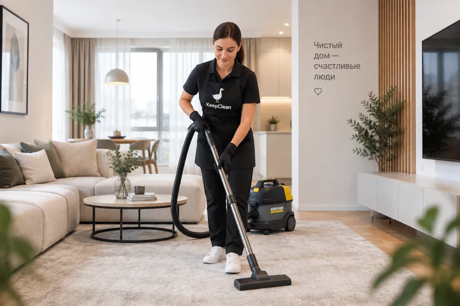 Специалист KeepClean пылесосит ковёр в светлой гостиной