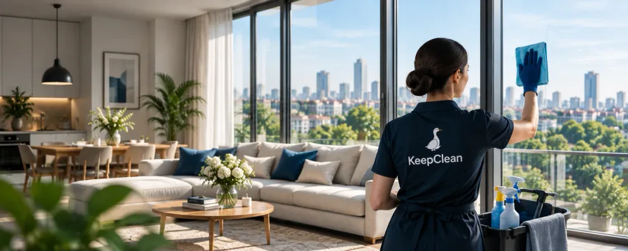 KeepClean cleaner washing a floor-to-ceiling window in an apartment with a city view