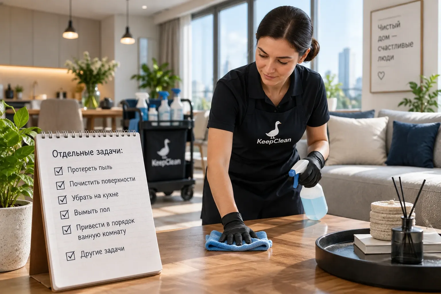 Клинер Keep Clean протирает стол рядом со списком отдельных задач для уборки
