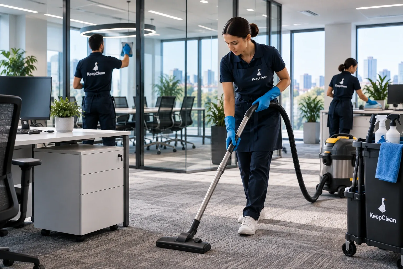 Echipa KeepClean aspiră mocheta biroului lângă birourile de lucru