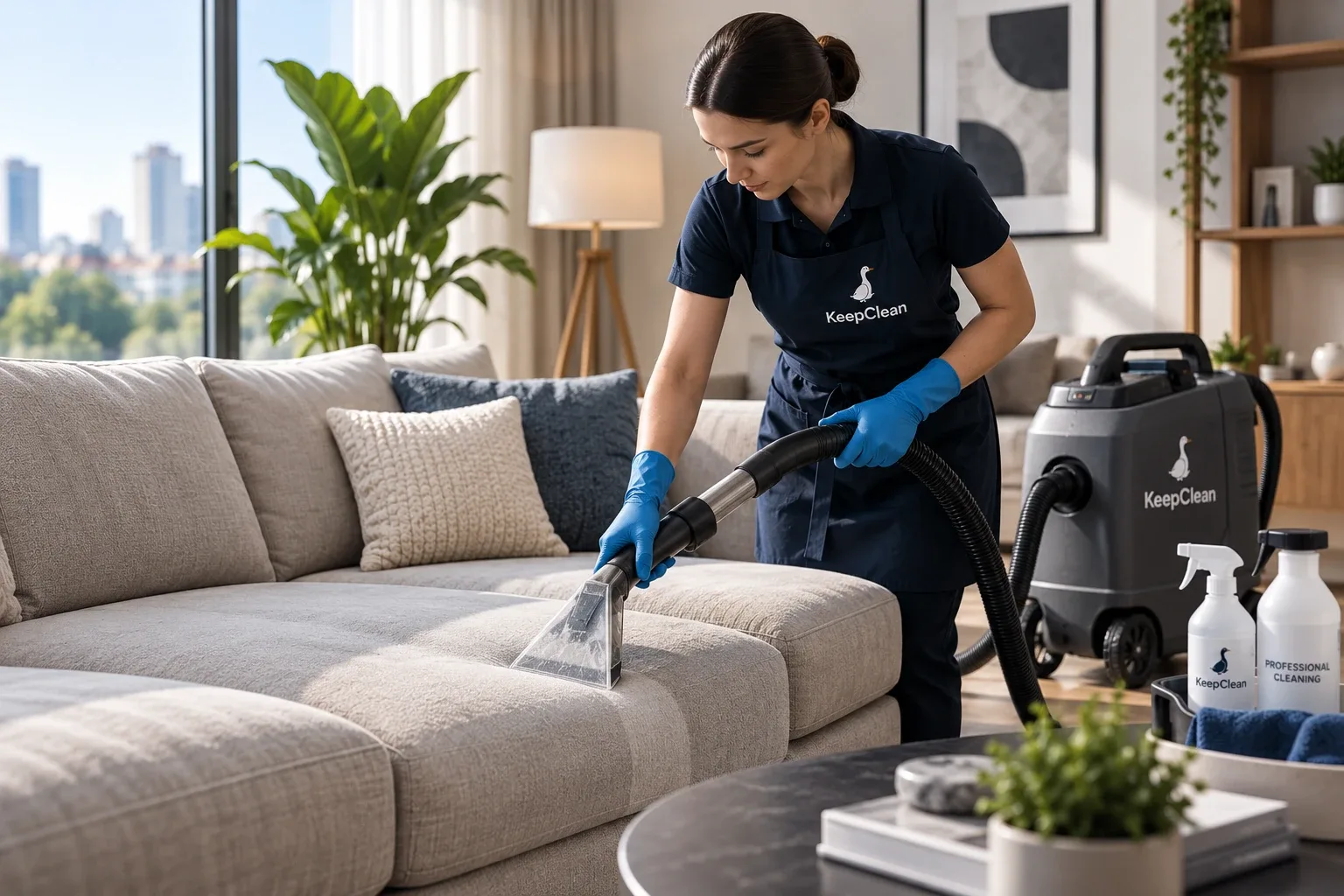 Specialistă KeepClean curăță chimic canapeaua cu un extractor profesional