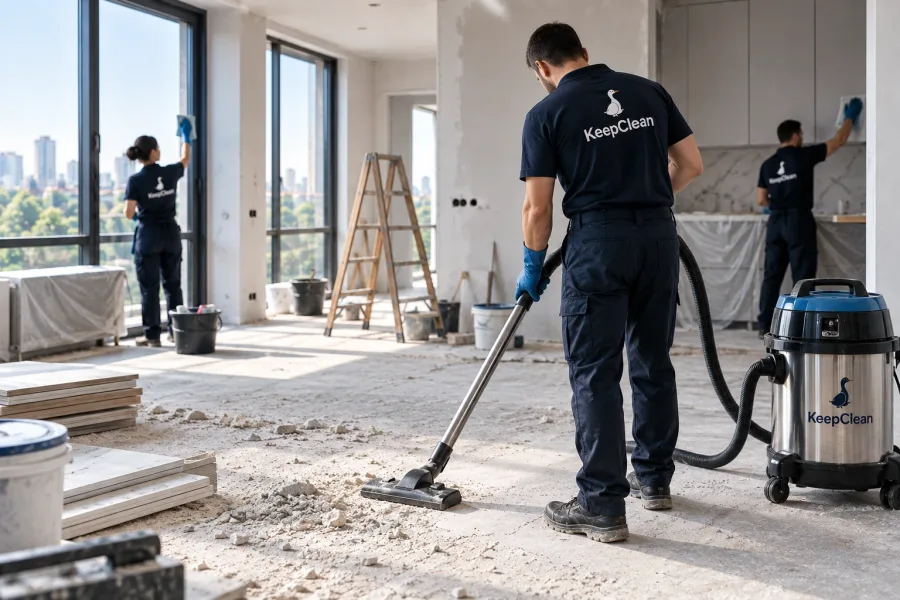 Команда KeepClean убирает строительную пыль пылесосом в квартире после ремонта